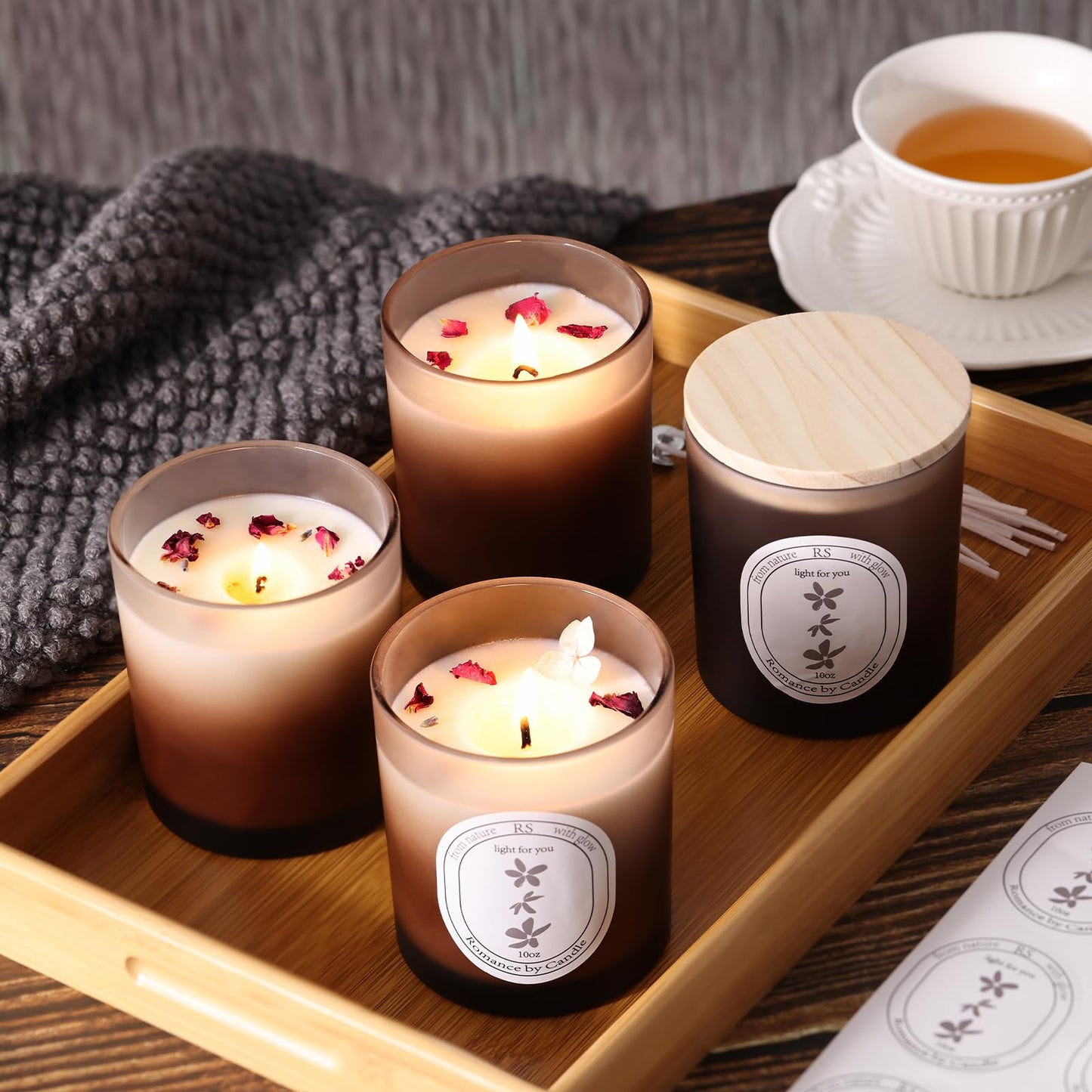REISEN 12Pcs Gradient Amber Candle Jars for Making Candles, 10oz Glass Jars with Bamboo Lids, Candle Wick Kit and Sticky Warning Labels, Candle Containers Vessels for DIY Gifts