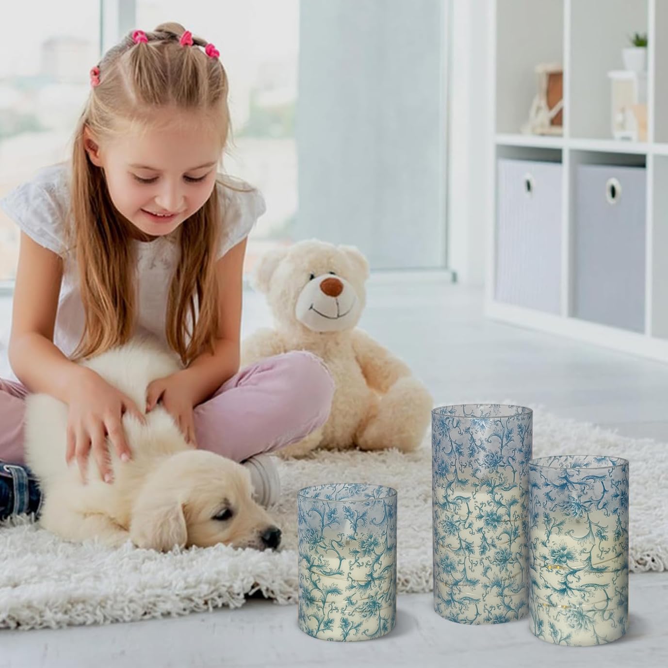 NjaoHoo Flickering Flameless Candles, Recessed String Light LED Candles 3D Wick Acrylic Battery Operated LED Pillar Candles with Remote and Timer for Modern Simple Home Decor Set of 3(Blue Twig)