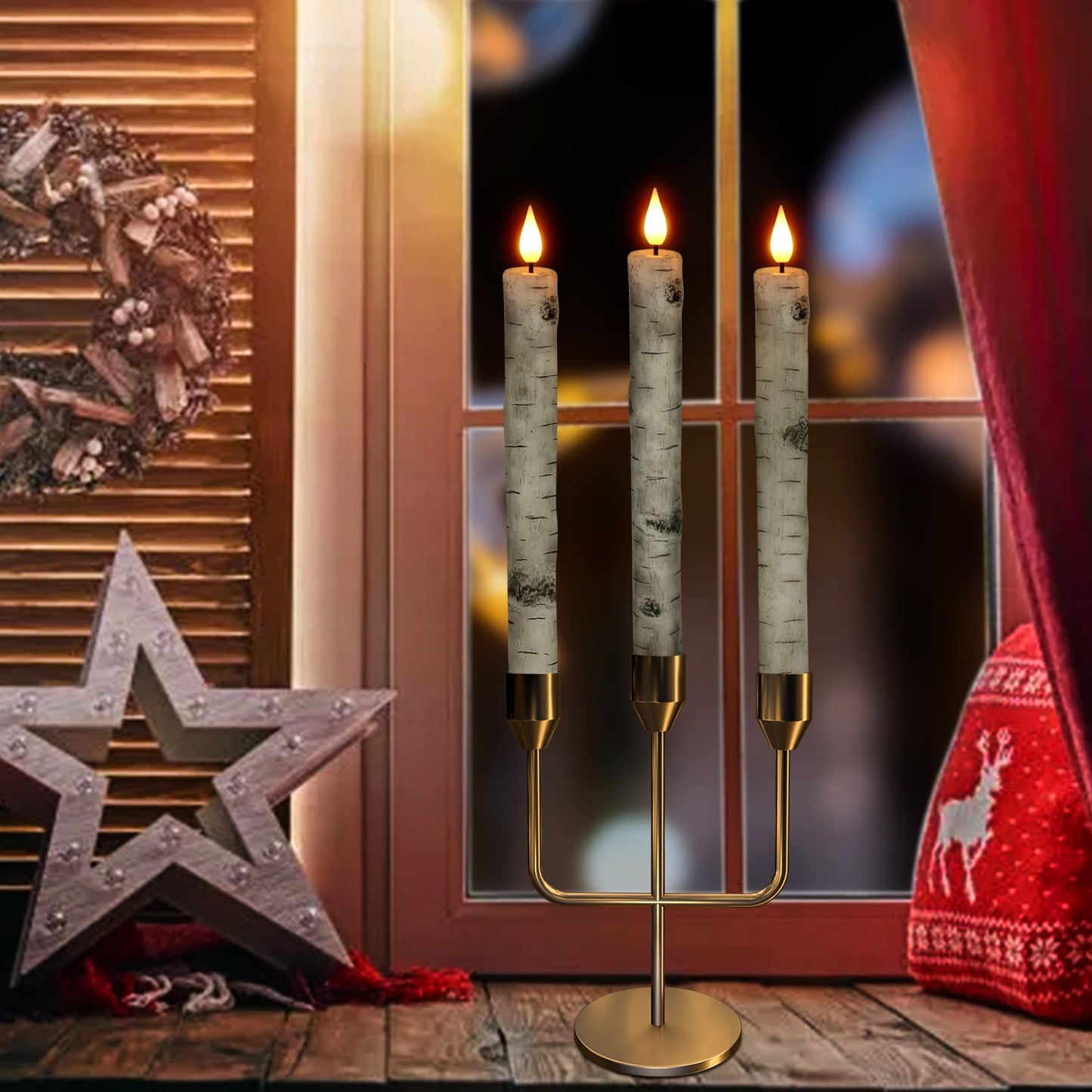 PChero Flameless Taper Candles with Remote Timer, Pack of 3 Birch Bark Real Wax Battery Operated Candlesticks, 9.6 Inches LED Flickering Window Candles for Home Wedding Christmas Decor