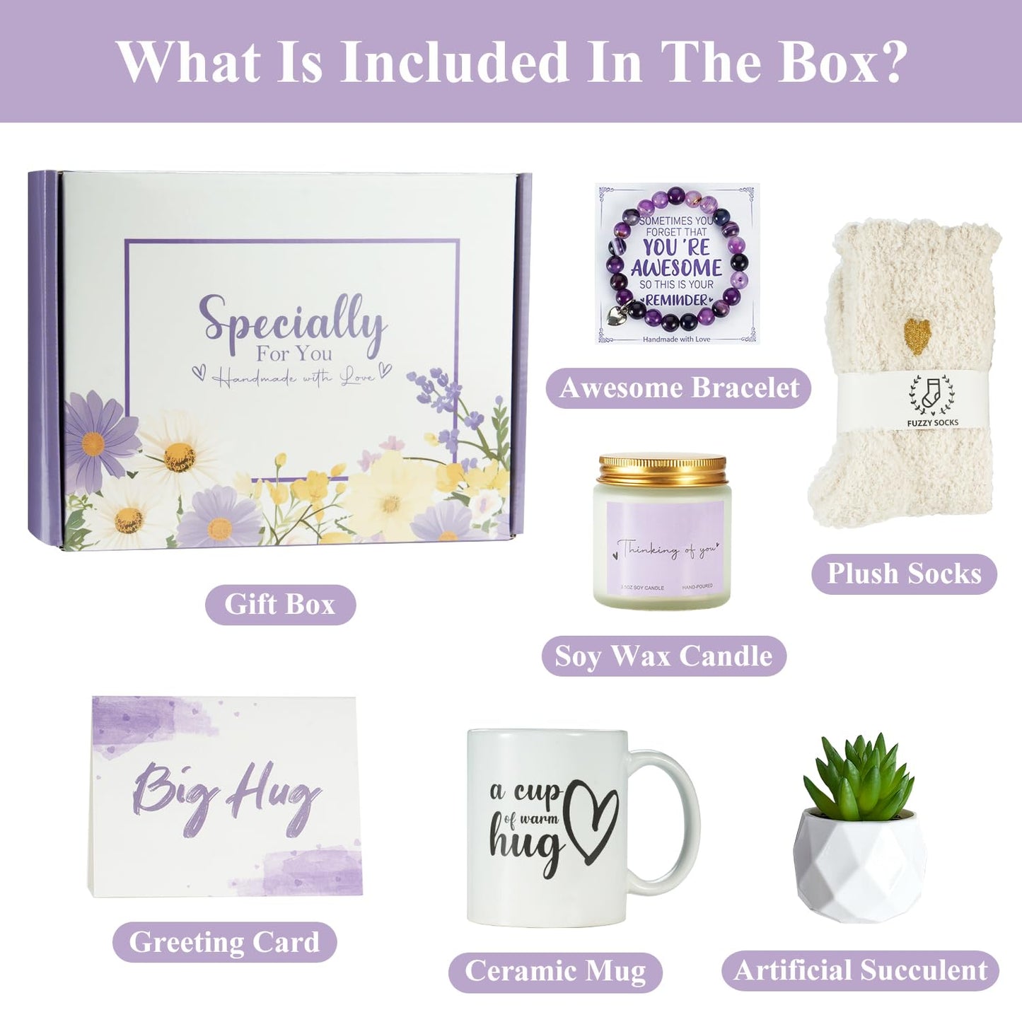 Get Well Gifts for Women - Thinking of You Gifts with Mug, Socks, Candle, Artificial Succulent, Bracelet, Greeting Card - Get Well Soon Care Package for Women Mom Friend After Surgery