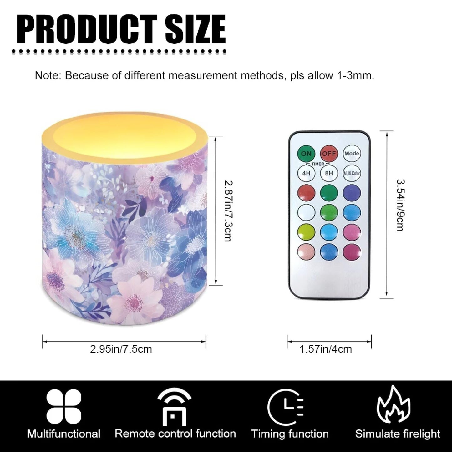 Cozeyat Purple Floral Flameless Candles 4 Pack Battery Operated with Remote Control Timer LED Pillar Candles Waterproof for Indoor Outdoor Home