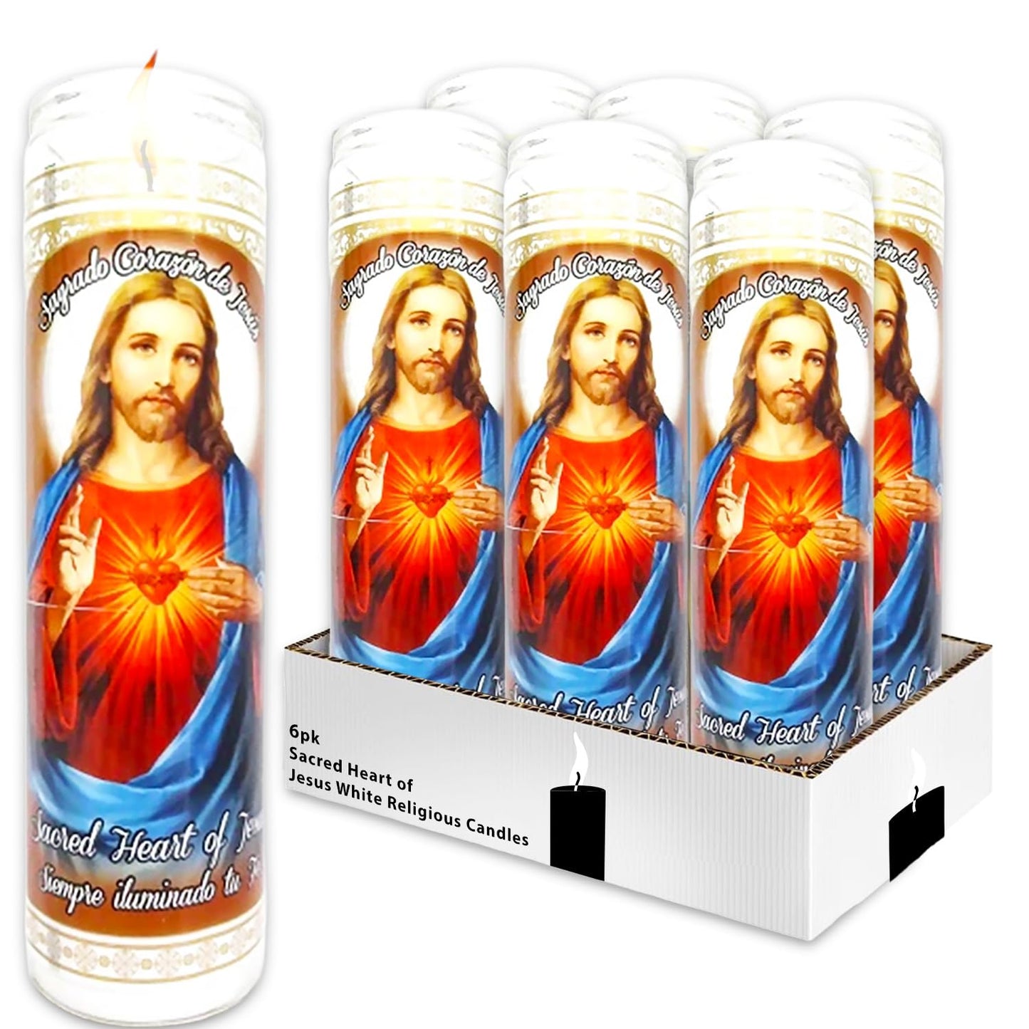 6 Pack Sacred Heart of Jesus White Religious Candles - Bundle with 8" Corazon De Jesus Glass Devotional Candles for Vigils, Prayers, Blessing Ceremonies, More