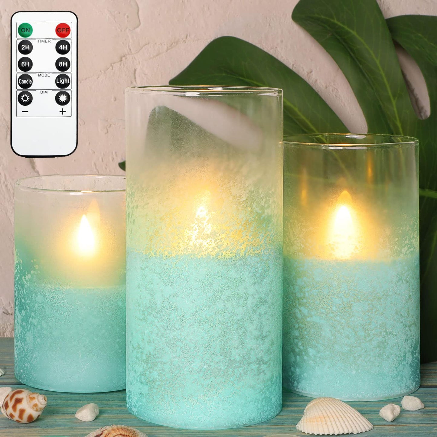 FLAVCHARM Blue Flameless Candles with Remote Aqua Glass Handmade Sandblast Battery Operated Candles Flickering Decorative LED Pillar Candles for Home Bathroom Coastal Theme Wedding Decorations