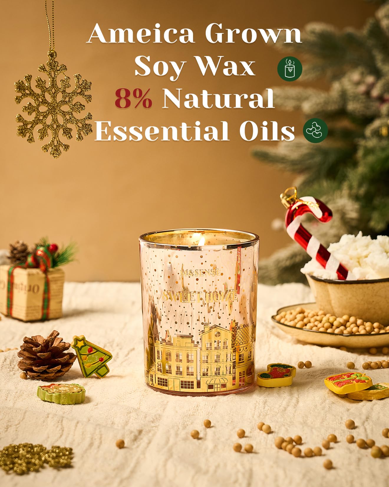 M&SENSE Sweet Home Holiday Candles Cinnamon Apple Scented, 18oz 100 Hours Large Christmas Candle Soy Wax Cracking Wooden Wick, Aromatherapy Gifts for Housewarming Bedroom, Warm Cozy Winter Decor