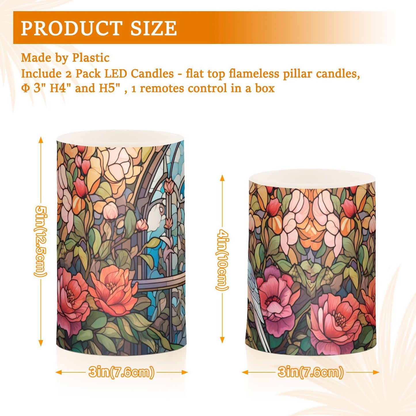 QGBYMX Stain Glass Bird Floral Flameless Candles with Remote - No Batteries Included, 3” Battery Operated Candles Flickering with Timer for Outdoor Lanterns Porch, Set of 2