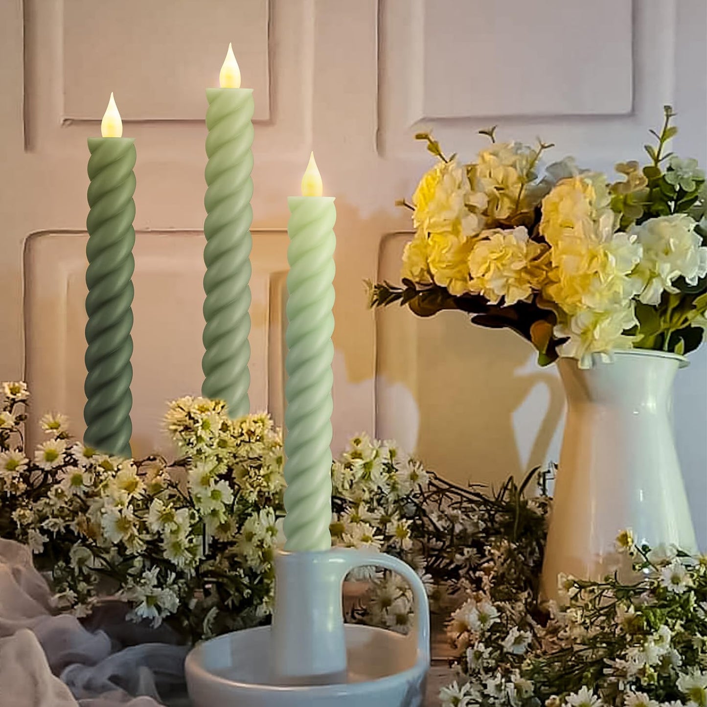 Baquler 6 Pcs Sage Green Flameless Taper Candle Twisted LED 9.65 Inch Taper Candles Battery Operated Twisted Candlesticks for Summer Wedding Birthday Home Party Holiday Dinner Fireplace Decor