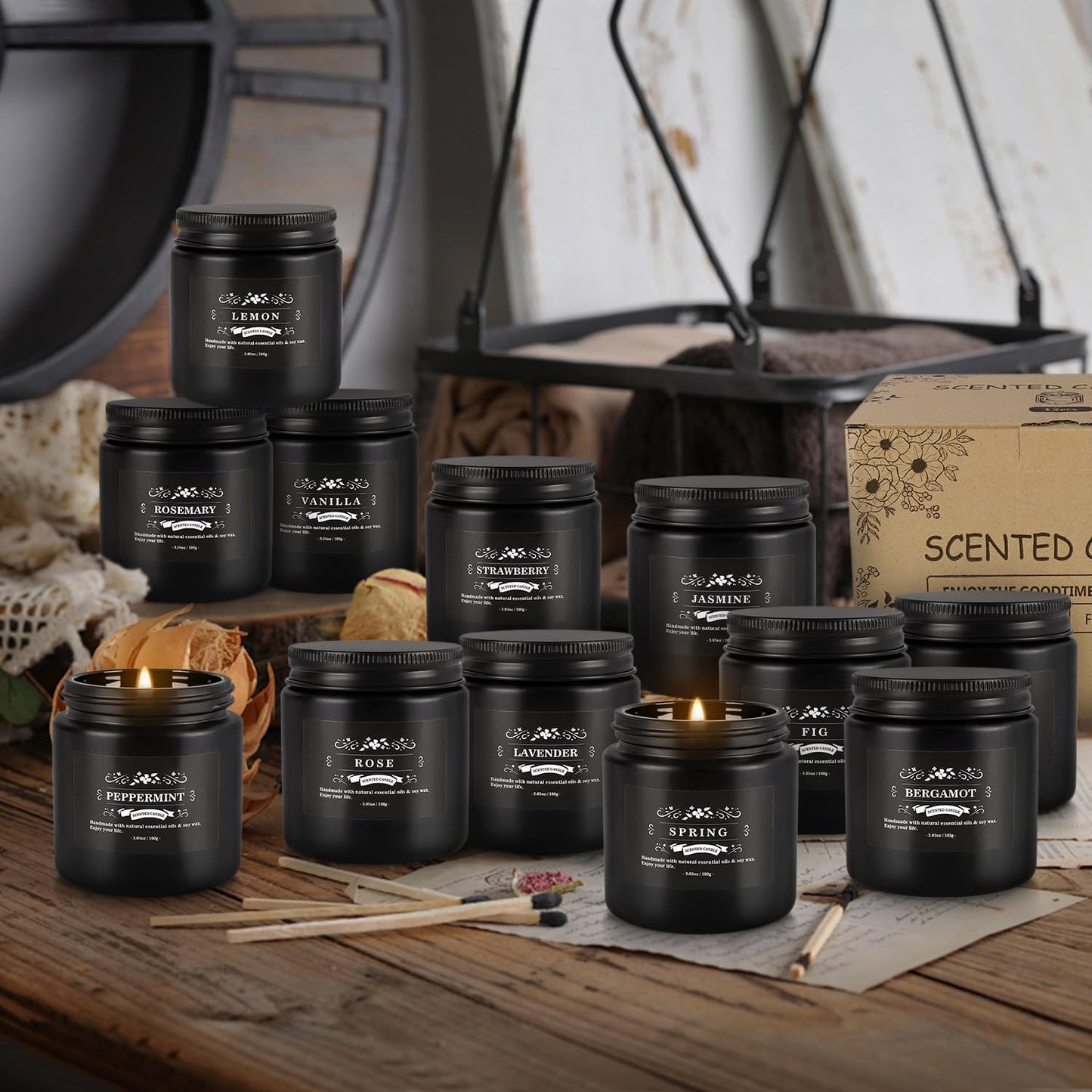 Howemon Scented Candle Set 12 Pack,Black, Candle for Home Scented, Odor Eliminating, Stress Relief, Long Lasting Soy Wax Gift Set