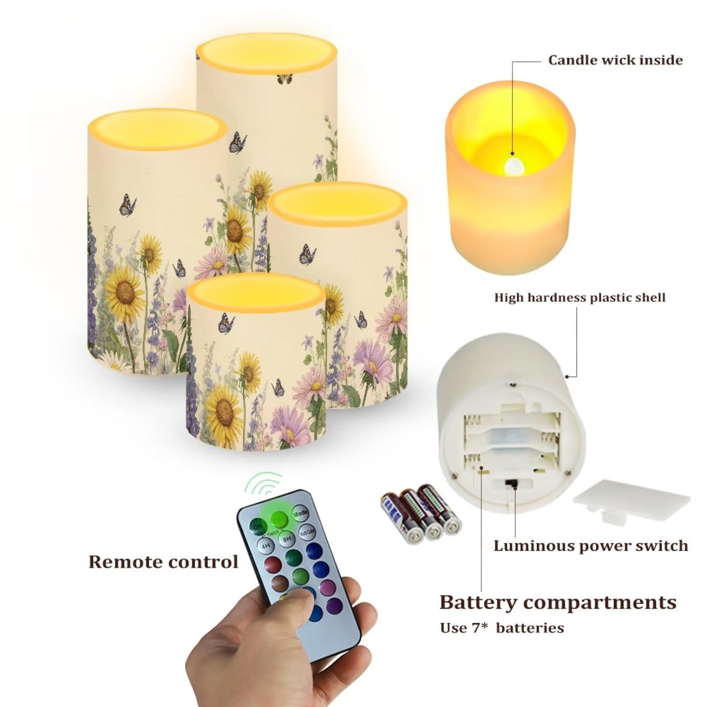 Cozeyat Sunflower Garden LED Candles Set of 4 Waterproof Battery Operated Flameless with Remote Control Timer Flickering for Garden Table Beach Home Decoration