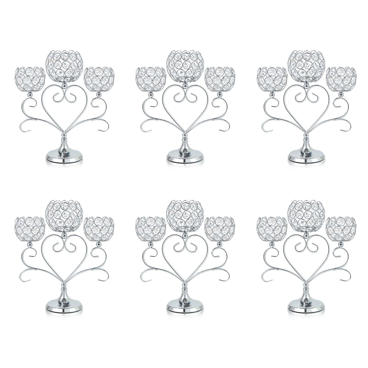 Kehail 6 Pcs Silver 3-Arm Heart Tea Light Candle Holder - Crystal & Metal Wedding Centerpiece Decor, Sparkling Table Decor for Anniversaries/Romantic Tabletop Home/Dinner Party/Events