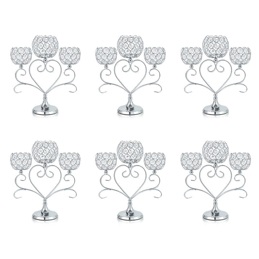 Kehail 6 Pcs Silver 3-Arm Heart Tea Light Candle Holder - Crystal & Metal Wedding Centerpiece Decor, Sparkling Table Decor for Anniversaries/Romantic Tabletop Home/Dinner Party/Events