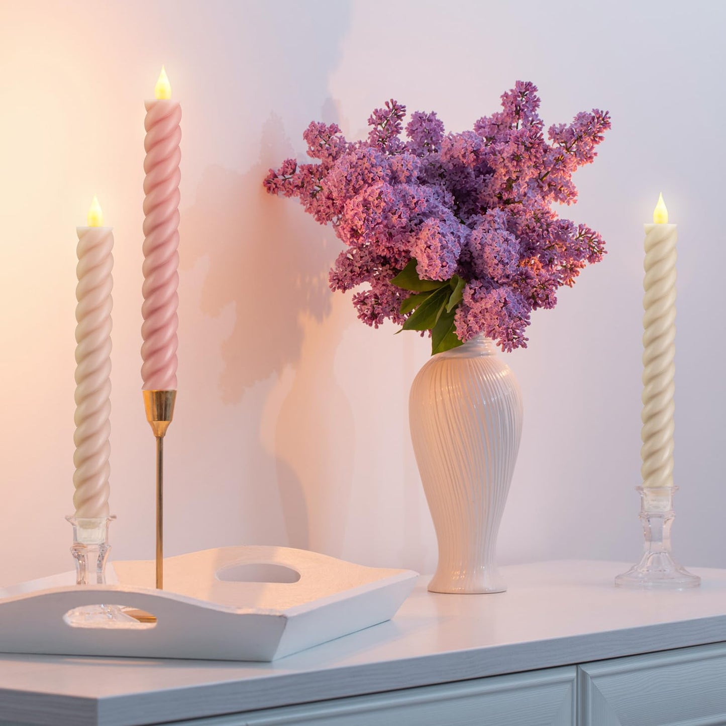 Baquler 6 Pcs Pastel Pink Flameless Taper Candle Twisted LED 9.65 Inch Taper Candles Battery Operated Spiral Candlesticks for Valentine Wedding Birthday Home Party Holiday Dinner Fireplace