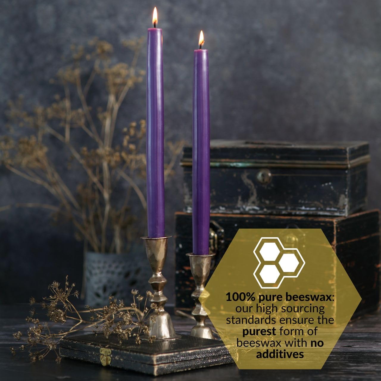 Big Dipper Wax Works Eggplant Purple Hand-Dipped Beeswax Taper Candles – 12” x 7/8”, 2-Pack, 100% Pure Beeswax, Long Burning, Clean, Cotton Wick, Handmade in USA, Home Décor & Wedding Candles