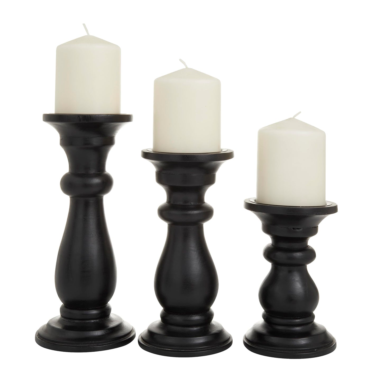 Deco 79 Mango Wood Decorative Candle Holder Turned Style Pillar Candle Stand, Set of 3 Candlestick Holder 10", 8", 6"H, Black