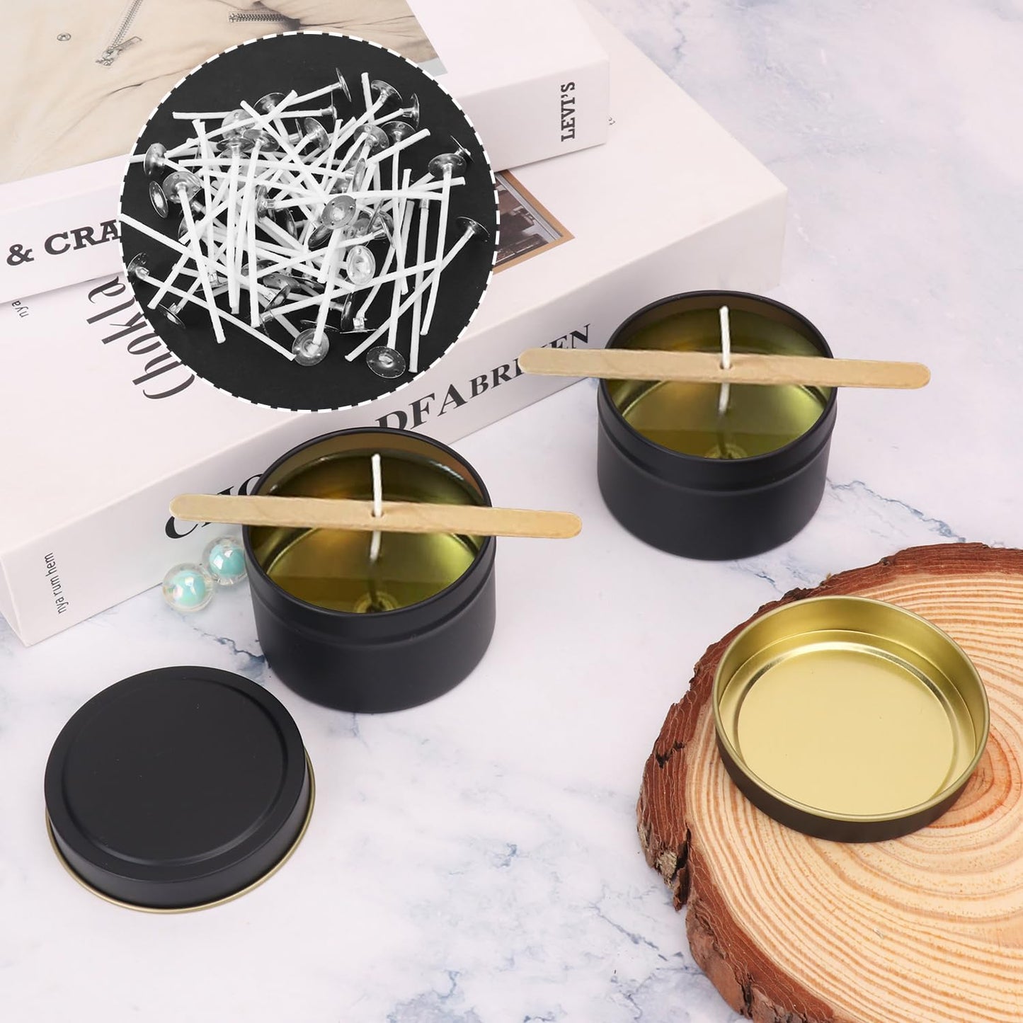 Biugaaufai 48 Pack 4 oz Black Metal Candle Tins with Lids and Wicks, Round Bulk Metal Candle Making Jar, Round 4 oz Candle Tins for DIY Candle Making and Storage