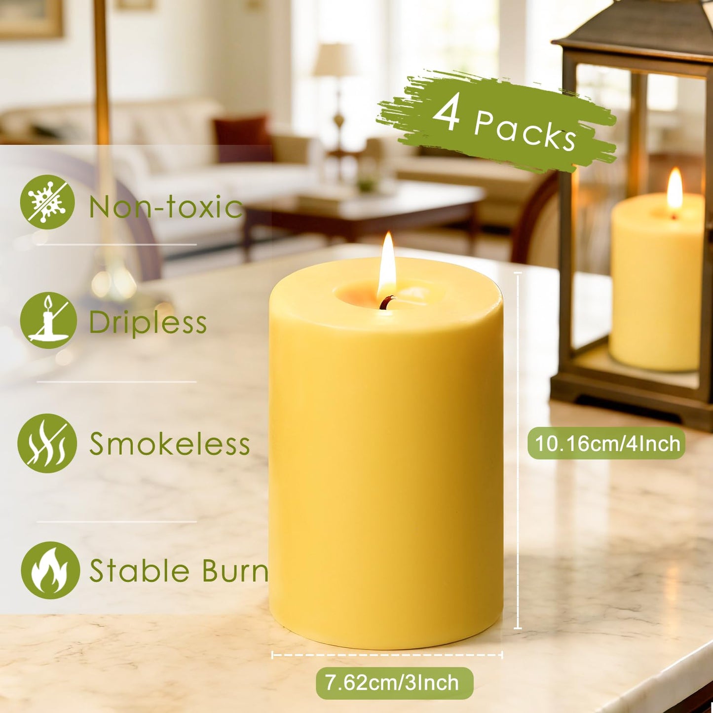Natural Beeswax Candles Pillar 3x4 inch, 4 Packs Pure Beeswax Candle Non Toxic for Home Decor, Large Bees Wax Pillar Candle with 60 Hours Long Burning Time for Emergency, Meditation, Relax