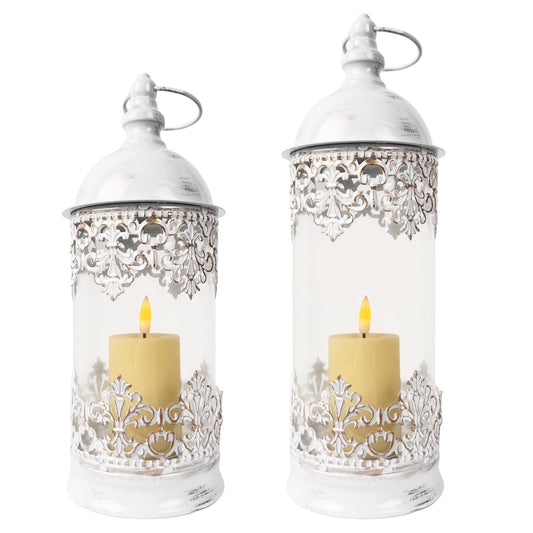 HiSnug Candlestick Holders with Flameless Candles - Gothic Vintage Hurricane Candle Holder, Portable Wind Lamp Barn Lantern Suspended Candleholders for Table Shelf Balcony Eaves, 2PCS, S+L, White