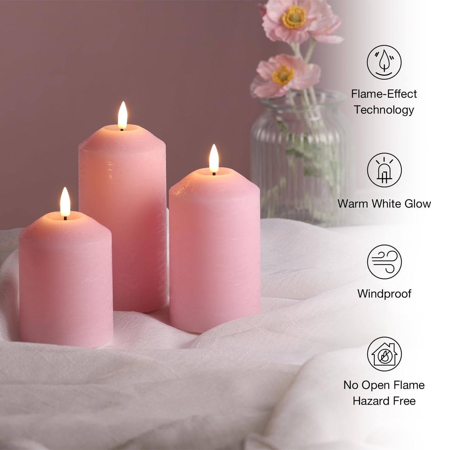 Eywamage Pink Flameless Pillar Candles with Remote, Flickering LED Wax Candlles Battery Powered Set of 3