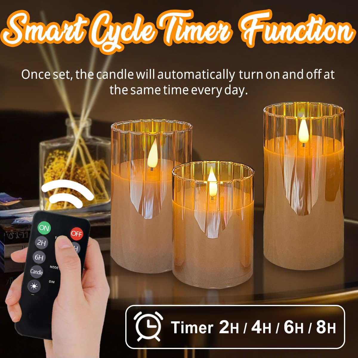 LEDHOLYT Rechargeable Flameless Candle, Flashing LED Pillar Real Wax Candle with Remote Control and Timer, Gold Stripes Glass Electronic Candles for Room Decoration, 1 Set of 3