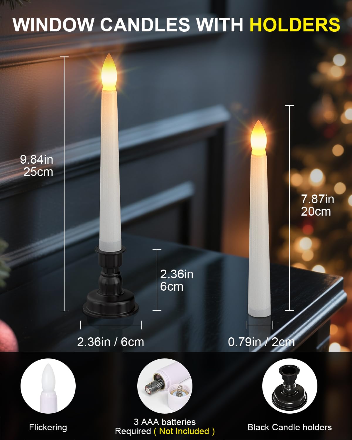 SoulBay 6pcs Christmas Decorations Window Candles with Remote Timer, 7.9inch Battery Operated Flameless Flicker LED Taper Candle Lights w/Black Holders for Home Party Indoor Windowsill Décor