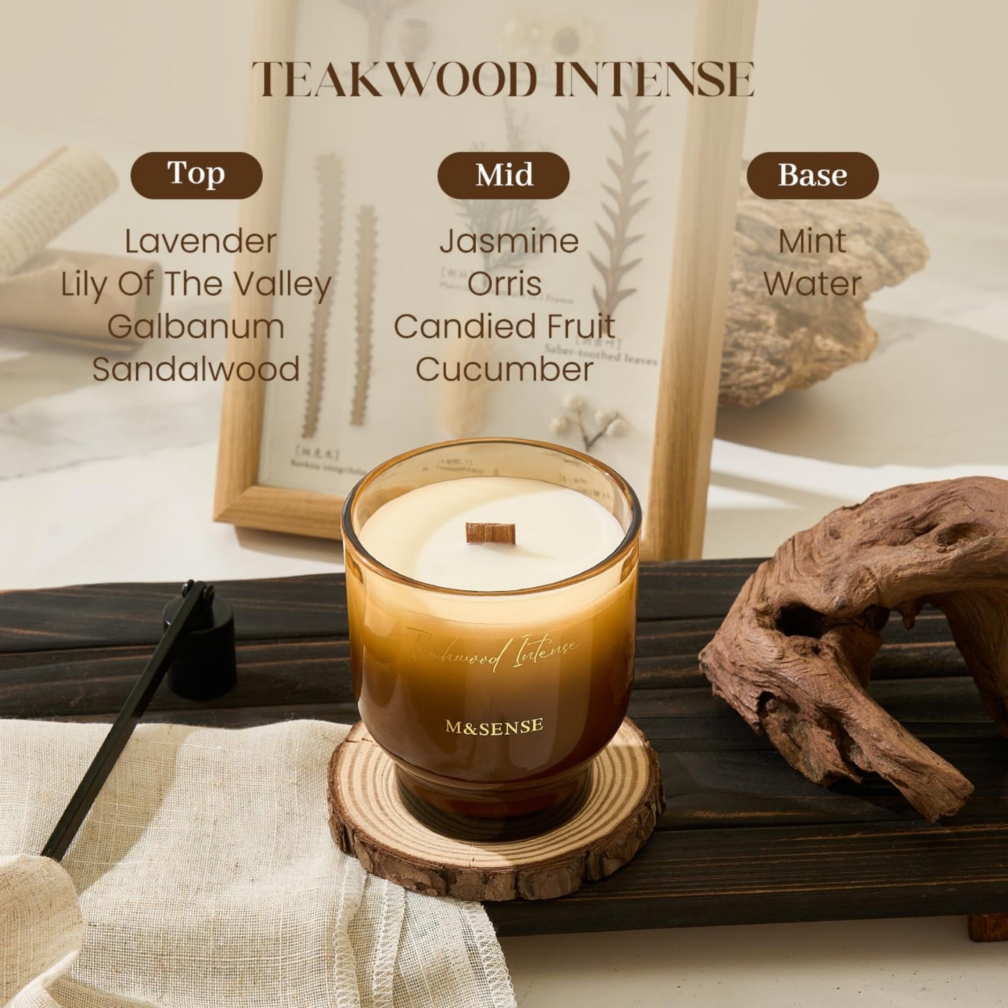 M&SENSE 9.9oz Natural Soy Wax Jar Candle with Wooden Wick | Teakwood Intense Scent | 55-Hour Burn & Long-Lasting Burn | Housewarming Gift for Men and Women