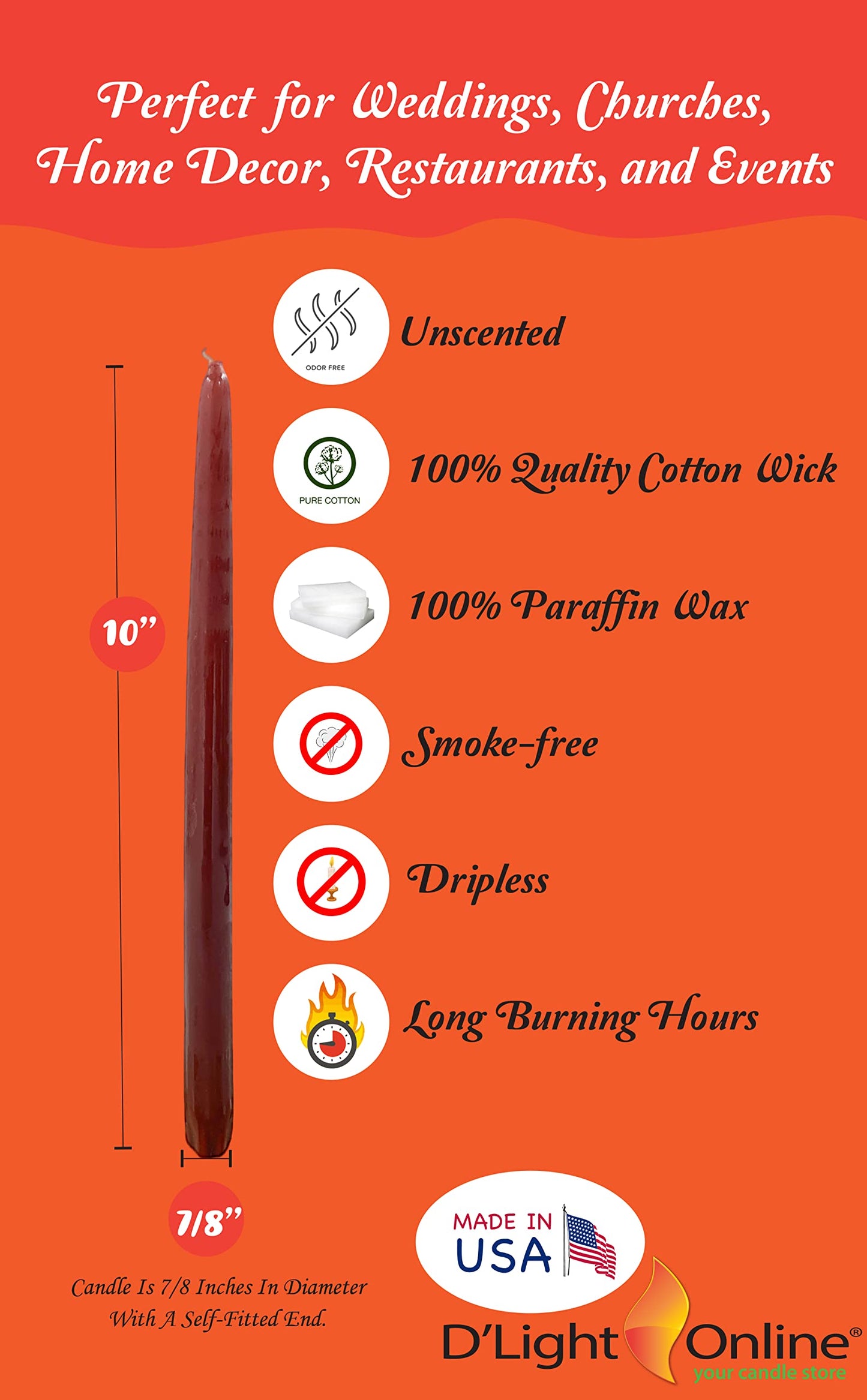 D'light Online Elegant 10" Unscented Chocolate Brown Taper Candles, Premium Quality Hand-Dipped Tapered Candles, Dripless and Smokeless - Set of 12 (10 Inch, Chocolate)