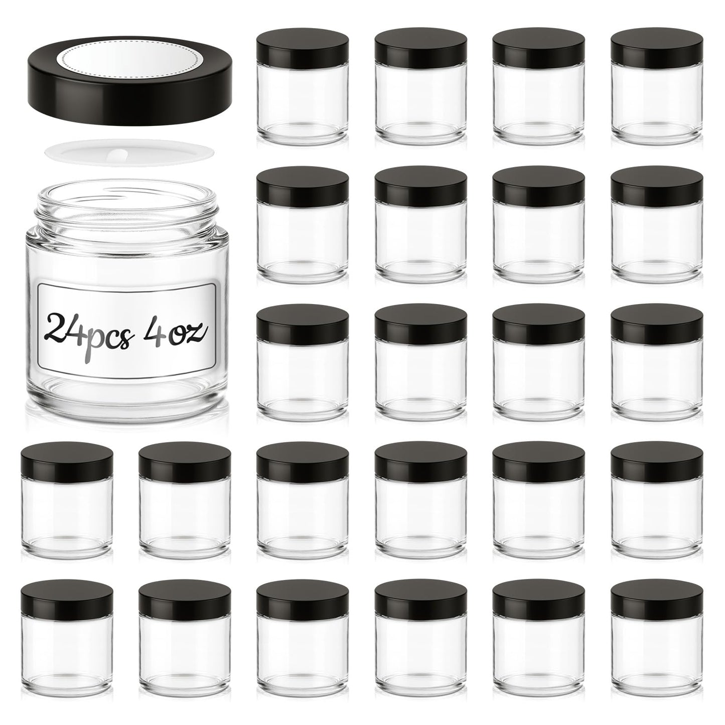 4 oz Glass Jars with Lids, 24 Pack Clear Small Glass Jars with Black Lids Leakproof Round Airtight Empty Cosmetic Travel Containers with Inner Liners For Lotions Powders and Candle Making