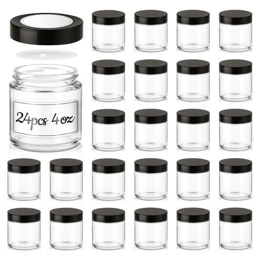 4 oz Glass Jars with Lids, 24 Pack Clear Small Glass Jars with Black Lids Leakproof Round Airtight Empty Cosmetic Travel Containers with Inner Liners For Lotions Powders and Candle Making