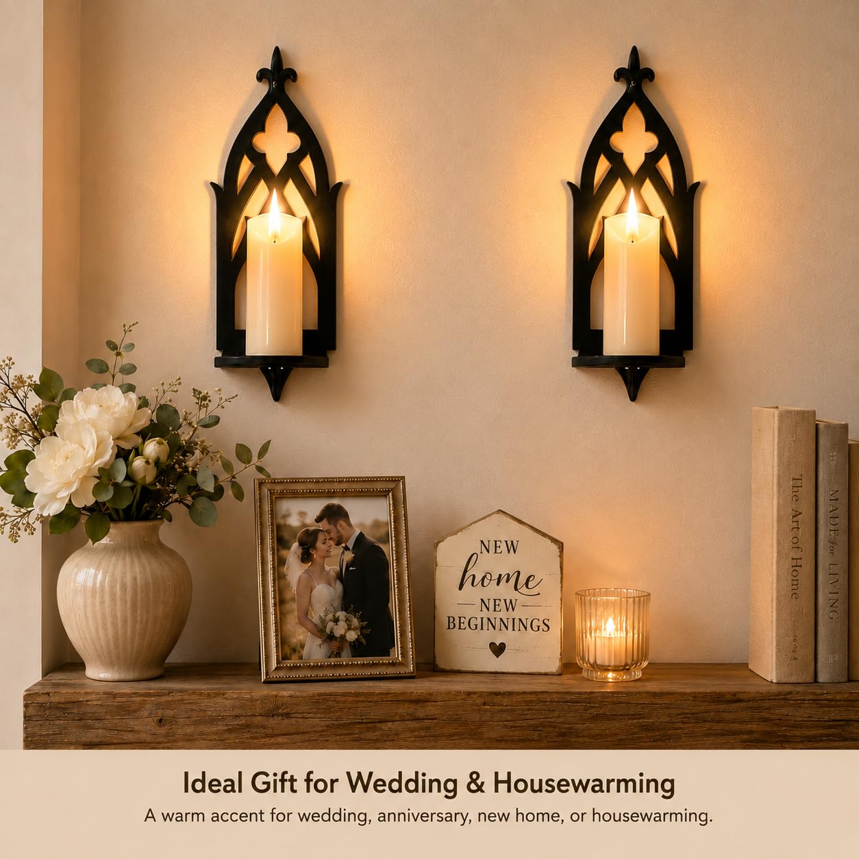 ZYIDBNG Wall Candle Sconces Set of 2, Victorian Gothic Metal Candle Holders for Pillar, Tealight, and LED Candles, Decorative Wall Decor for Living Room Dining Room (Black)