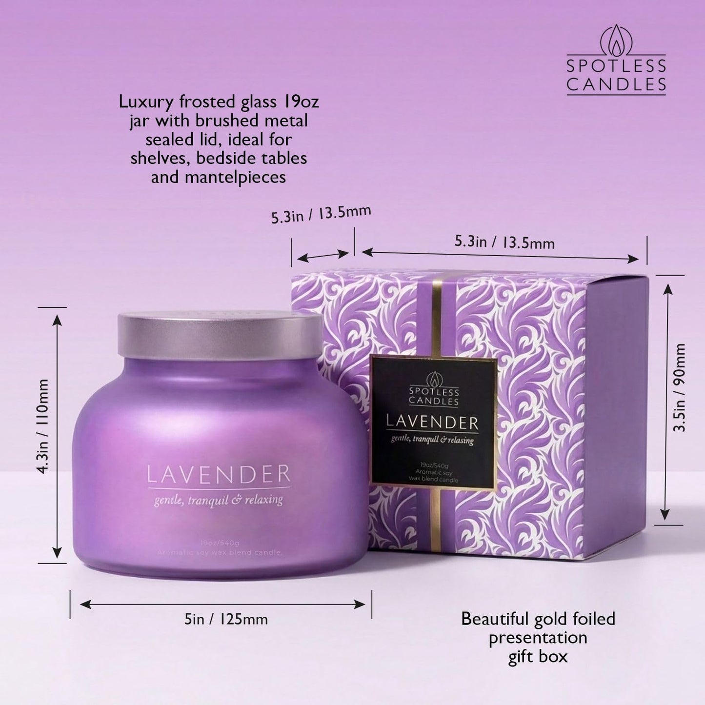 Lavender Candle 19oz Volcano Jar with Wooden Wick Upto 75 Hours Burn Time in a Large 4" x 5" Solid Purple Glass Jar in a Luxury Gold Foil Gift Box