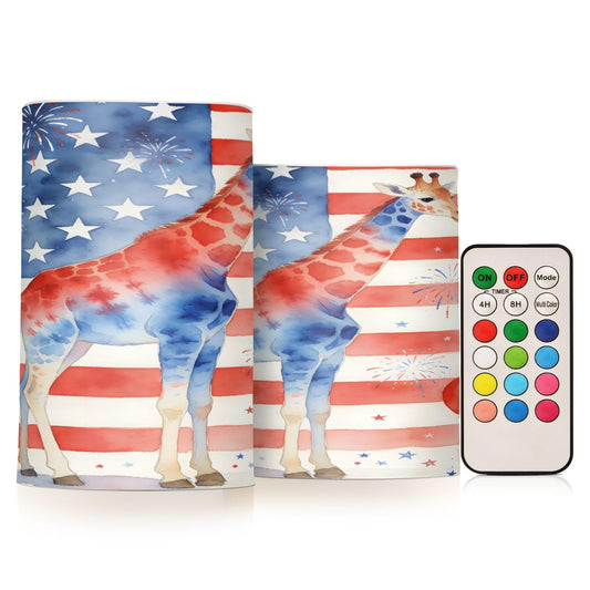 JULYTO Flameless Candles with Remote and Timer Pillar Set of 2 Flag Giraffe Fireworks Flickering Led Battery Operated Candles for Home Holiday Party Wedding (Not Include Battery),
