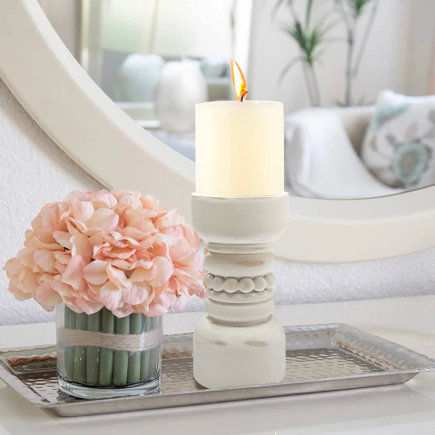 dwellington Farmhouse Rustic Wood Pillar Candle Holder, Decorative Beaded Candlestick Holder Stand for Home Decor, Gifts, Wedding (White)