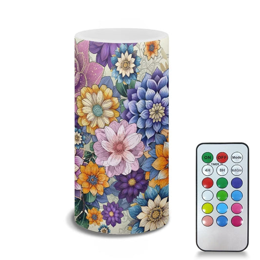 NETILGEN Flameless LED Candle Flickering Wick Electric Candles with Remote Timer Color Changing 5.9 Inches Pillar Candle for Home Table Centerpiece Decoration, Boho Flower Purple Yellow
