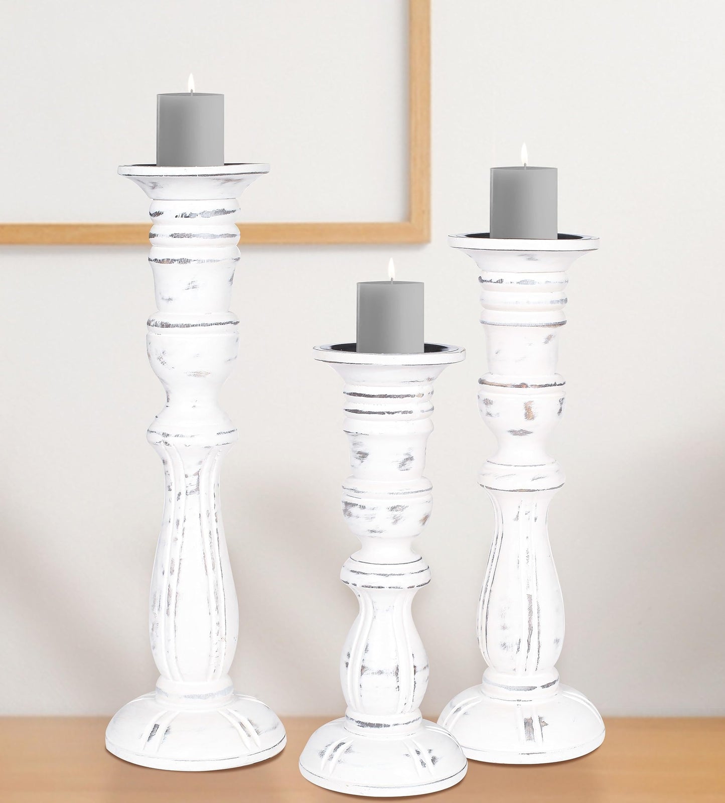 Wooden Candle Holder Set of 3, Tall White Wash Pillar Candle Holders, Rustic Farmhouse Decor, Brown Wooden Candle Stands for Home Decoration - 16, 14, 12 Inch Height