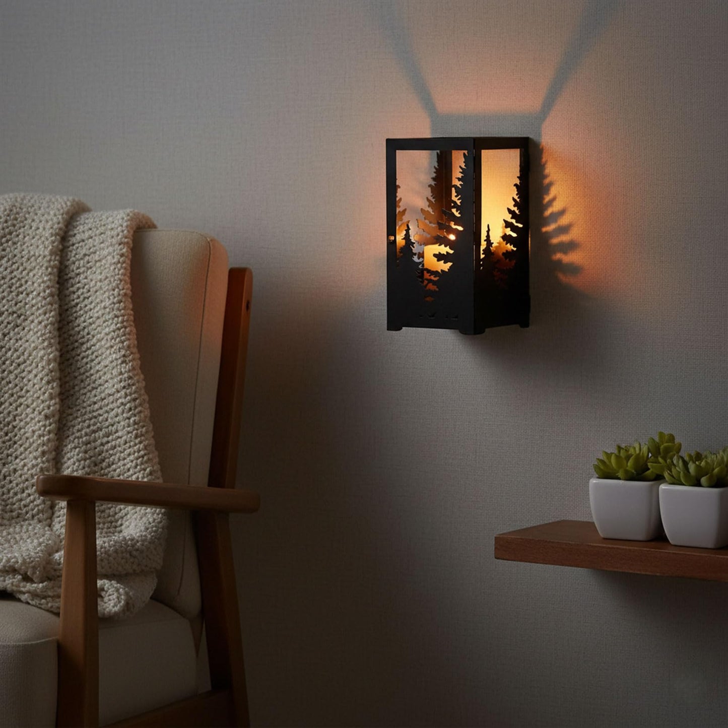 AIM & GGKK Wall Sconce Candle Holder - Set of 2 Black Forest Pine Tree Metal Rustic Candle Sconce for Wall Mount, Geometric Mountain Scene Wall Decor for Living Room, Bedroom