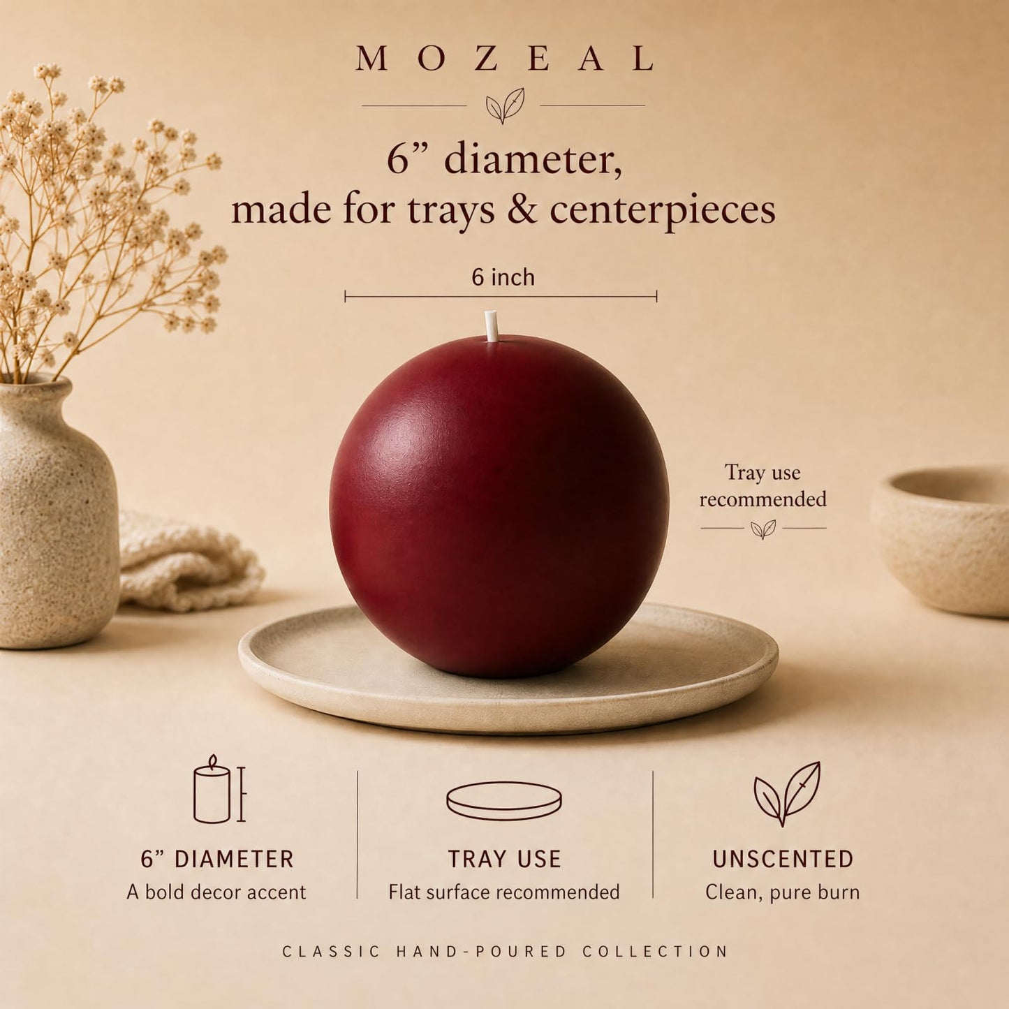 MOZEAL Hand-Poured, 6 Inch Dark Red Large Round Ball Candles - Elegant Dark Red Round Pillar Candles, Dripless, Unscented, Smokeless, Ideal for Intimate Gatherings.