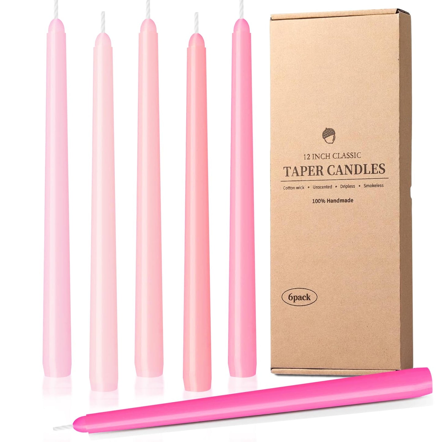 W&LESVAGO 12 Inch Gradient-Pink Taper Candles, 6 Packs Unscented Candlesticks for Dinner, Wedding, Valentine’s Day and Home Decoration, Dripless and Smokeless