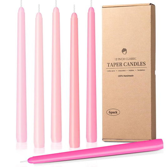 W&LESVAGO 12 Inch Gradient-Pink Taper Candles, 6 Packs Unscented Candlesticks for Dinner, Wedding, Valentine’s Day and Home Decoration, Dripless and Smokeless