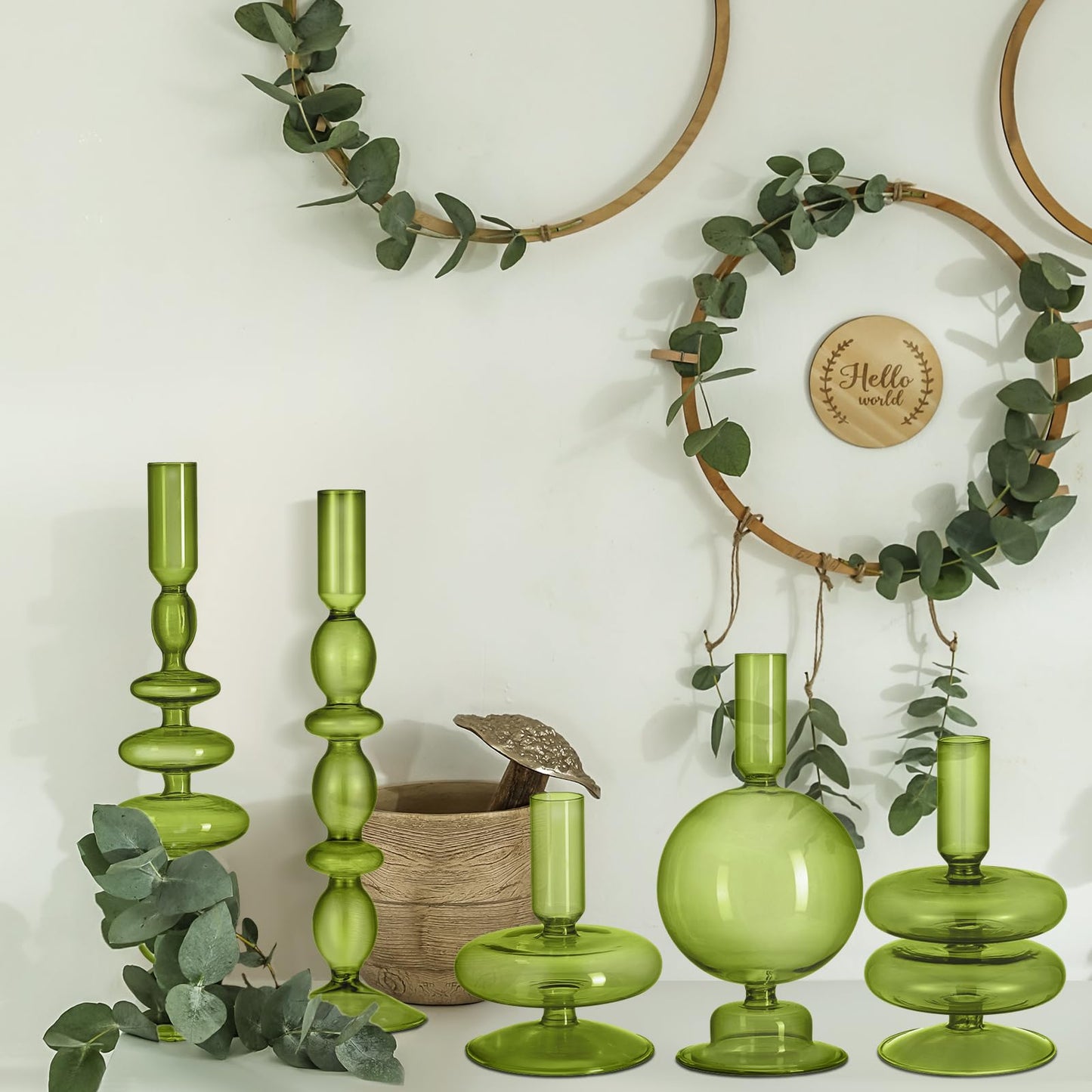 Rtteri 5 Pcs Glass Candlestick Holders Colorful Glass Taper Candle Stand Groovy Candlestick Wavy Boho Chic Clear Bases Holders Elegant Vase for Home Party Centerpiece(Green)