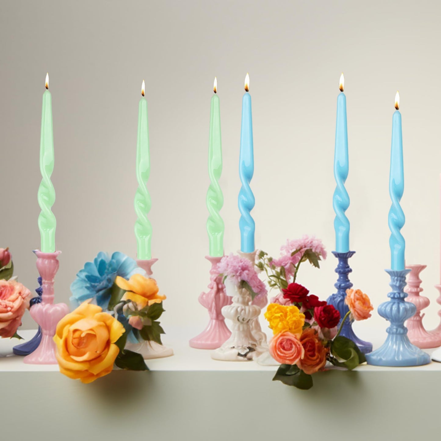 MAITREYA Green Taper Candles Conical Stick Candles Spiral Taper Candles-Set of 4 for Decoration Weddings Party Church-Unscented Dripless Candles,10inch(C-Light Green)