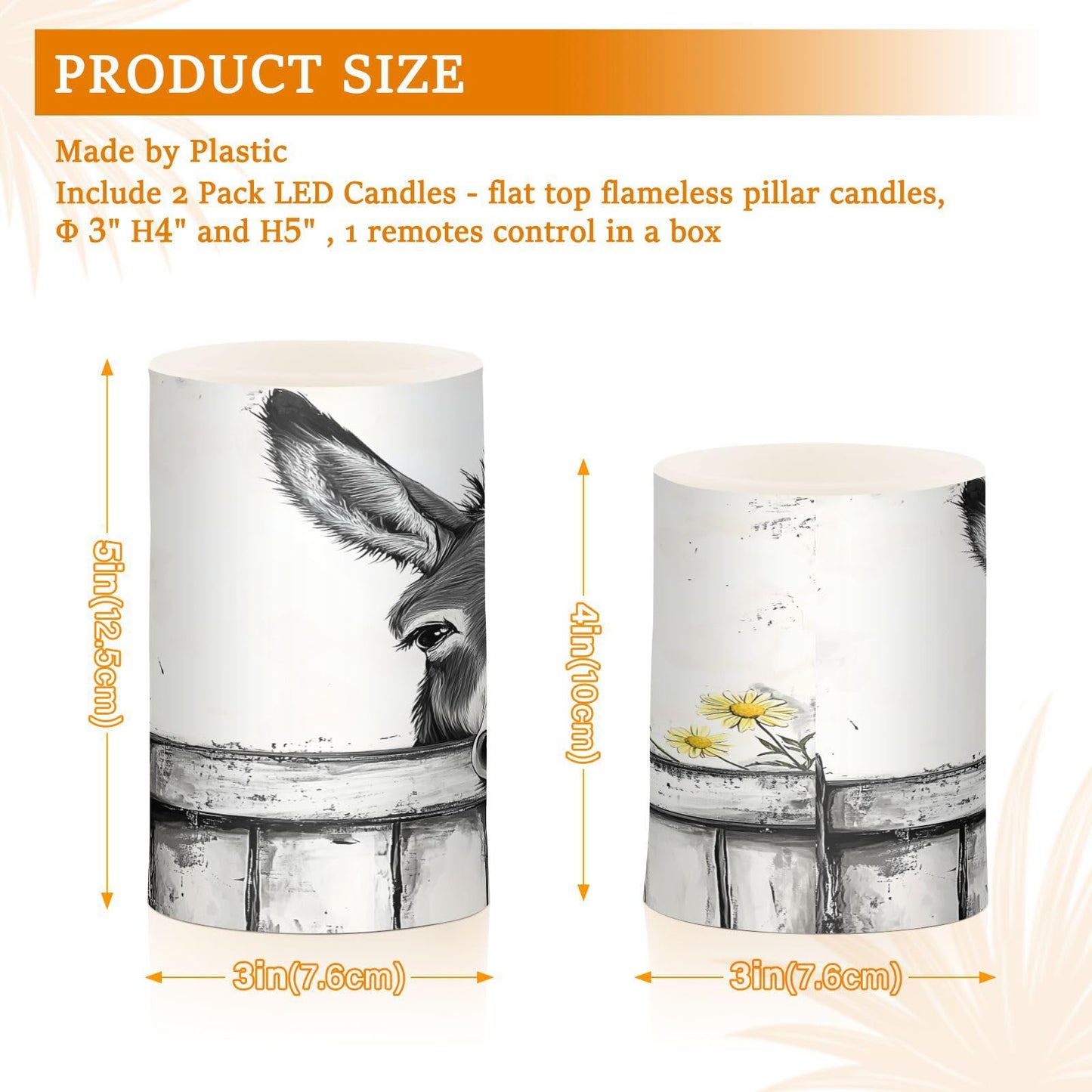 Black White Donkey Flowers Wooden Flickering Flameless Candles LED Battery Operated with Remote Timer Pillar Candles for Home Birthday Wedding Christmas Decor, Set of 2