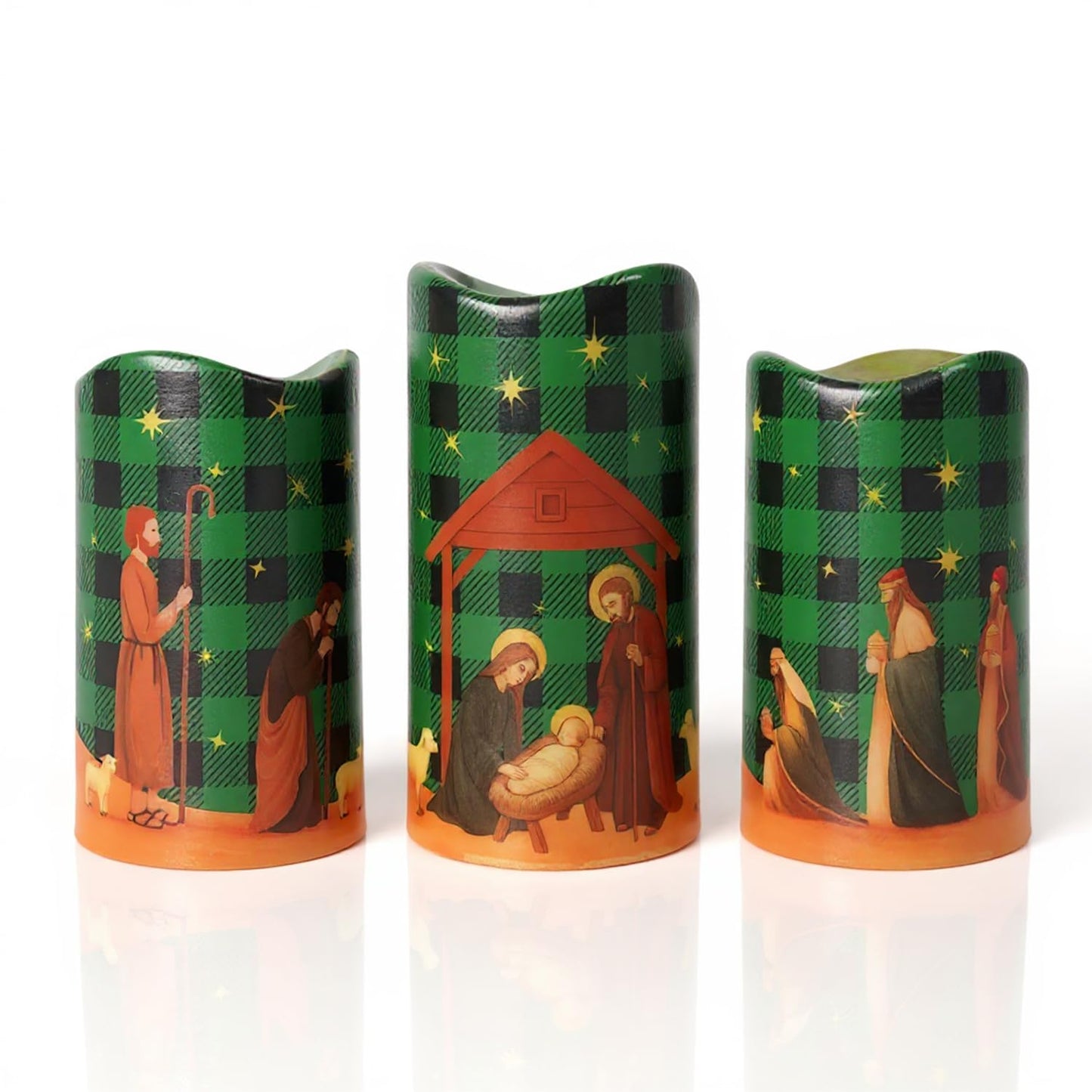 Glflickerow 3Pcs Christmas Green and Black Nativity Scene Flameless Candles LED Pillar Jesus Religion Candle Battery Operated with Timer for Xmas Christian Holiday Table Home Decor Church Party