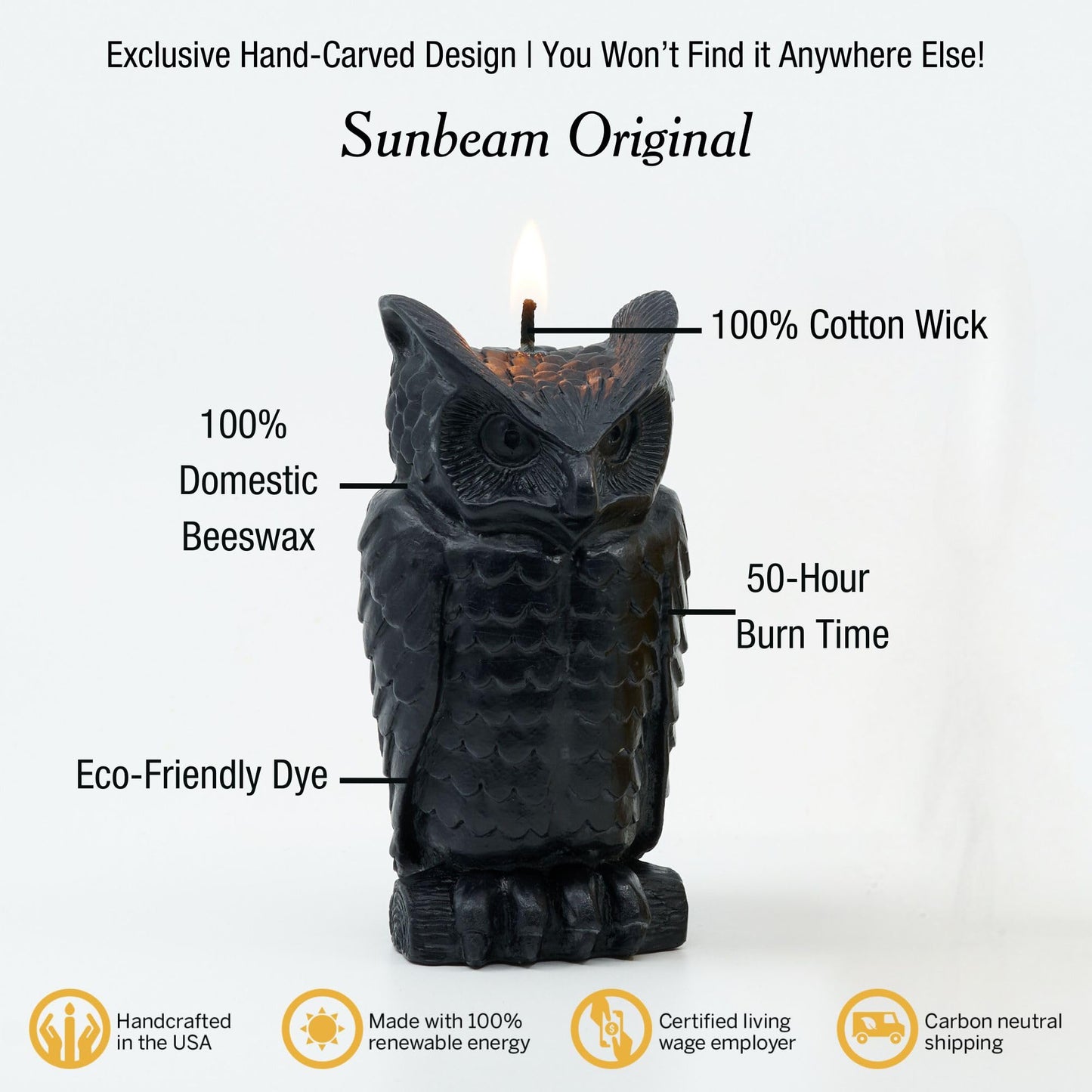 Sunbeam Candles 100% Pure Beeswax Black Wise Owl Candle | Long Burning 50-Hours | Made in USA | Ideal for Cozy Nature Inspired Decor