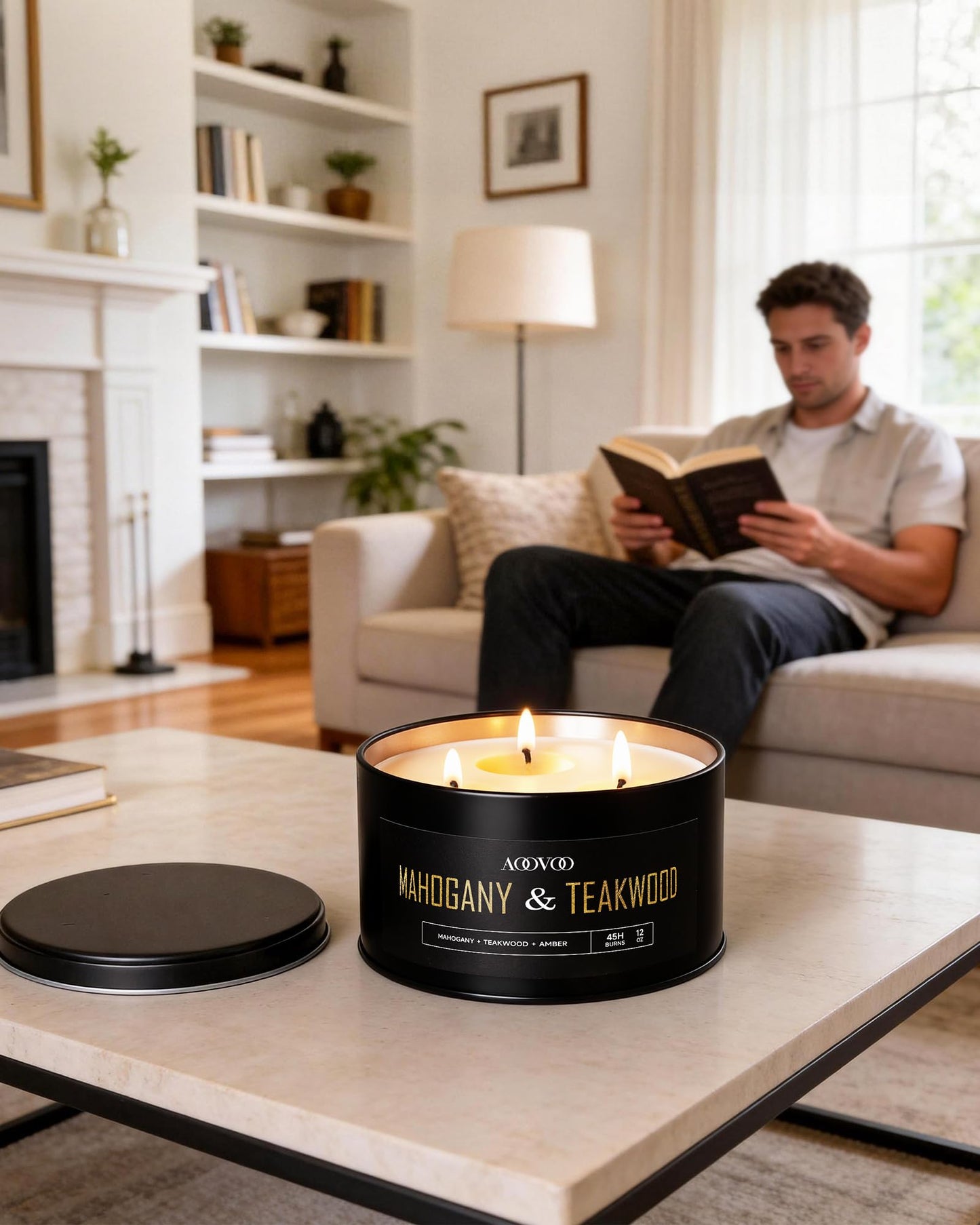 AOOVOO Mahogany Teakwood Candles for Men - 3 Wick 12oz Large Scented Candle, Long Lasting Soy Candles for Home Scented, Strong Fragranced Masculine Black Candle Gift for Women & Men
