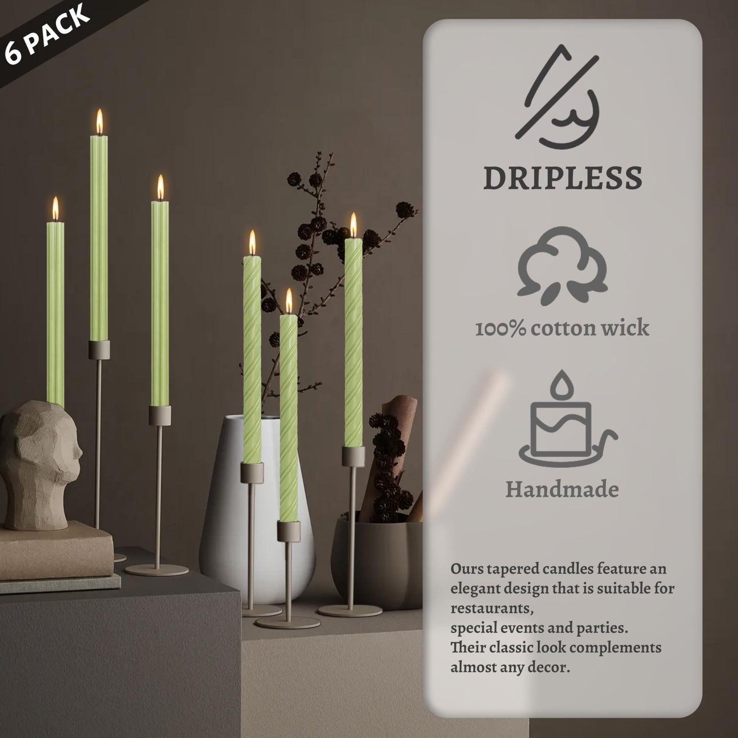 Dripless Unscented Grass Green Spiral Taper Candles Smokeless Long Lasting Burn 10 Inch Roman Column Candlesticks for Home Décor,Set of 6