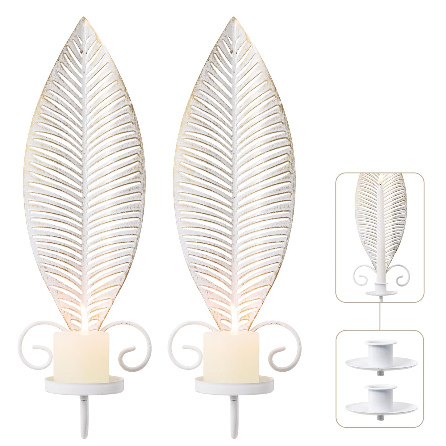 Wall Candle Holder Set of 2, Taper & Pillar Wall Iron Candelabra, Rustic Candle Holders Wall Décor Farmhouse Candle Sconces for Living Room Farmhouse Fireplace Wedding Washed Brown(Distressed White)