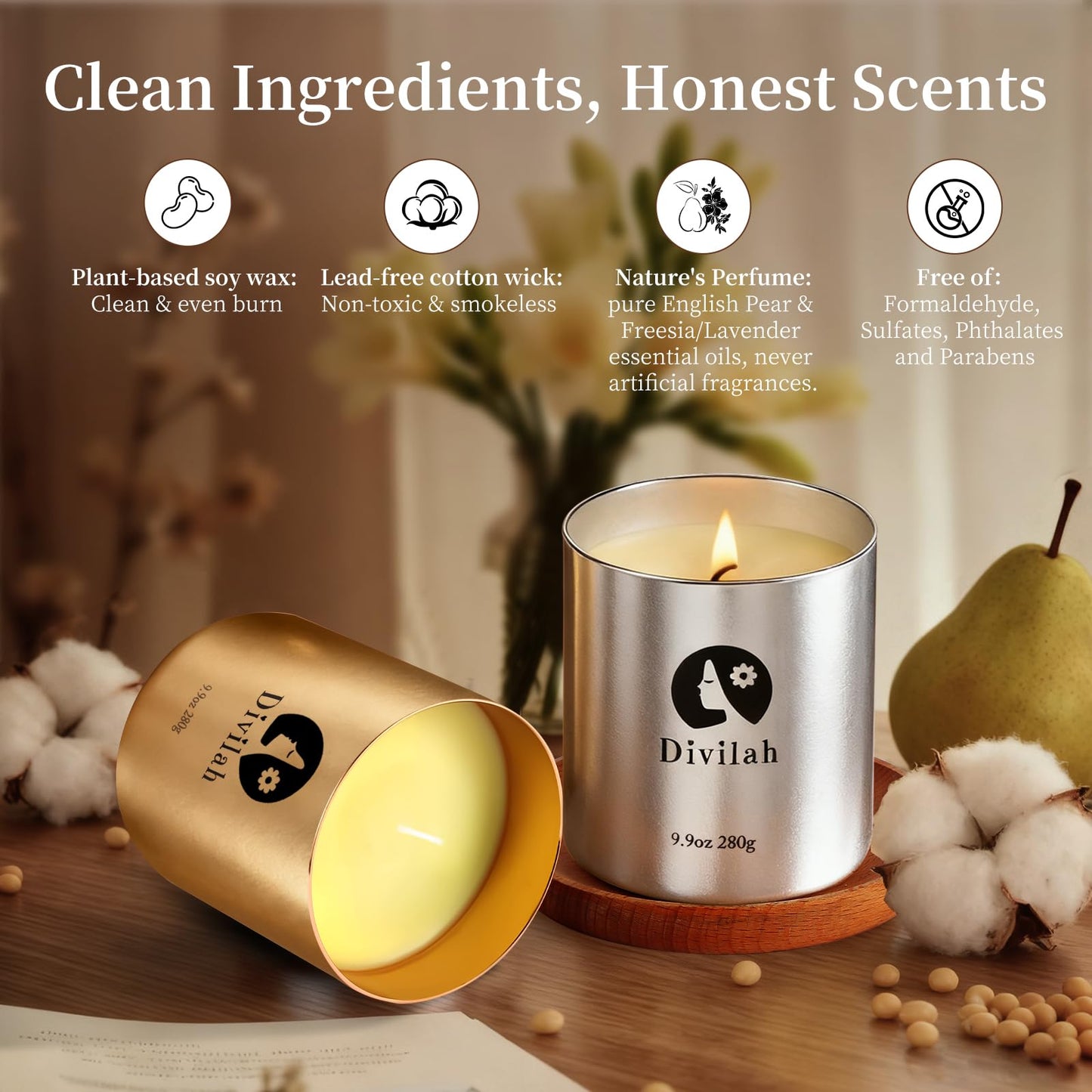 Divilah Scented Candles Set 4 Pack, Lavender & English Pear Freesia, 260H Burn Long-Lasting Natural Soy Wax Candles with Essential Oils for Home Relaxation, Stress Relief, Gifts for Women & Men, 39oz