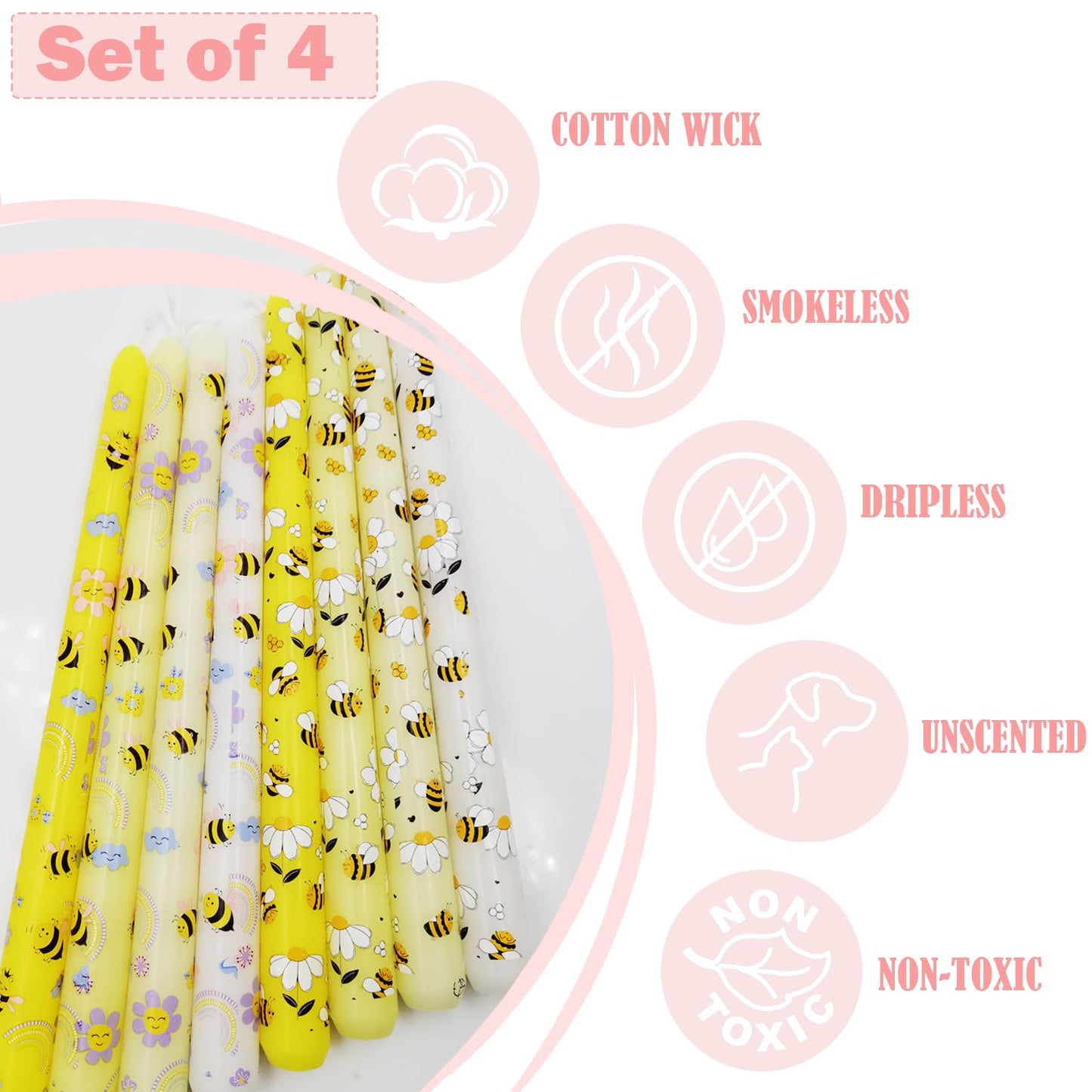 Bee Taper Candles 10 Inch 4 Pack, Unscented Yellow Floral Candlesticks, Decorative Tapered Candles for Candle Holders, Spring Table Decor, Mother’s Day, Wedding Party(AY1)