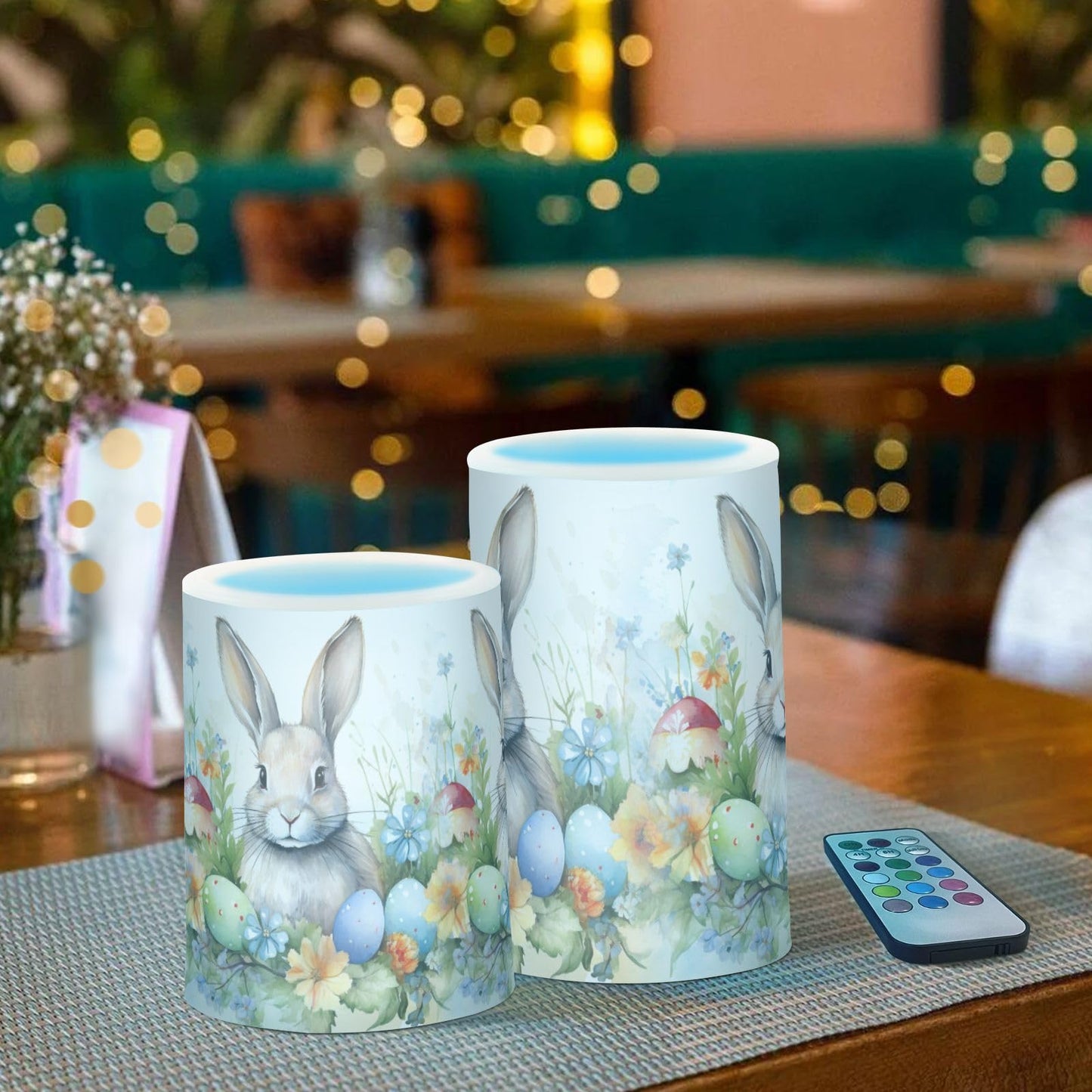 zyrtty 2 Pack Plastic Flameless Candles Easter Rabbit Colorful Eggs Watercolor Flower Bunny Battery Operated with Remote and Timer Real Wax LED Flickering Pillar Candles Set Window Christmas Holiday D