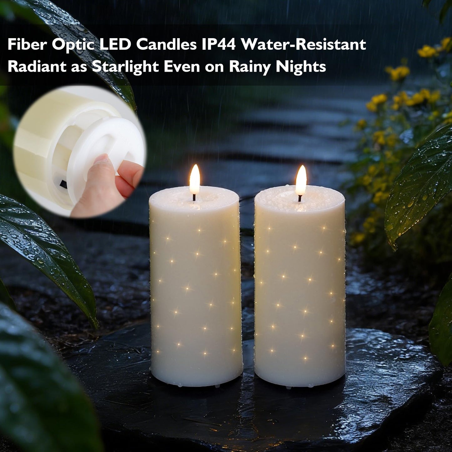 Rhytsing 6 Inches Water-Resistant LED Candles with Twinkle Fiber Optic Lights and Remote, Outdoor Battery Operated Candles for Garden, Bathroom and Patio - Set of 2