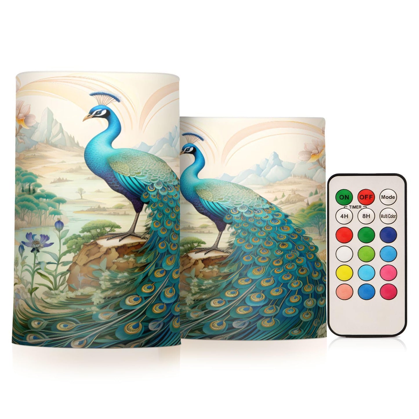 BOENLE Flickering Flameless Candles, Peacock Garden LED Candles with Remote Timer, Set of 2 Battery Operated Candle for Valentine Wedding Birthday
